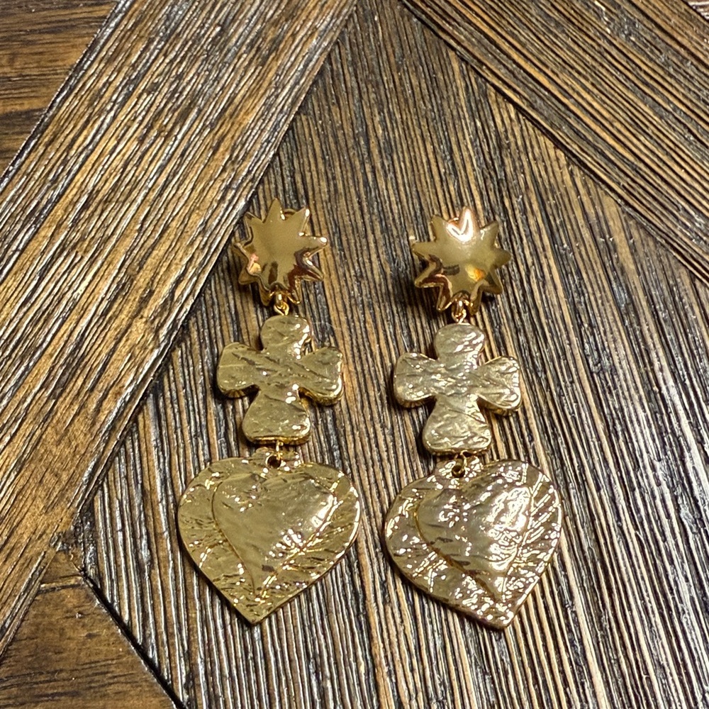 80R Ornate Goldtone Drop Earrings | Heart & Cross Design | 3” Statement Earrings